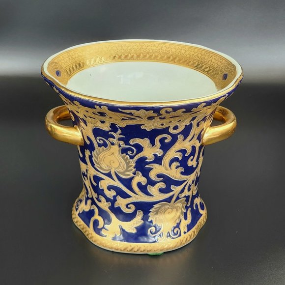 Vintage Cobalt Blue & Gold - Chinese Vase with Handles - 7 1/4" Tall